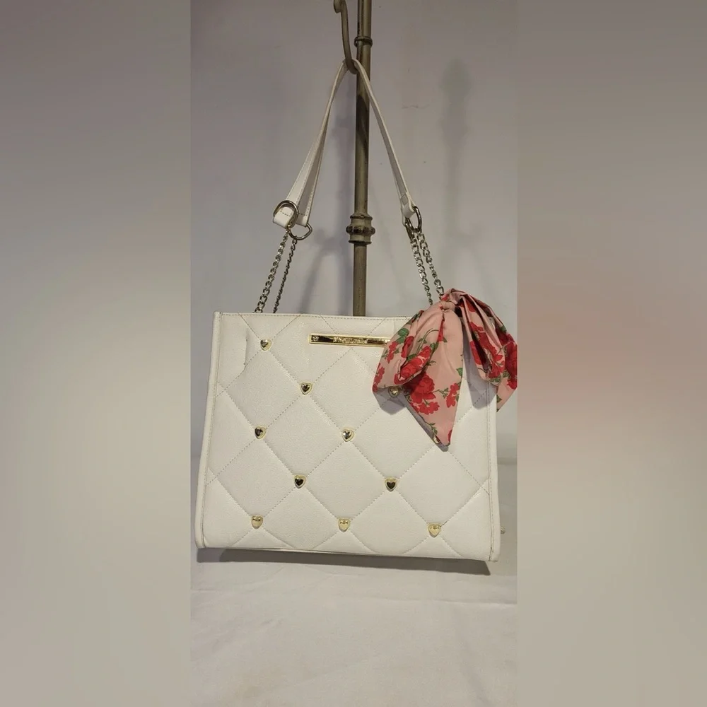 Betsey Johnson White Quilted Shoulder Bag with Pink Floral Scarf